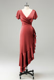 Elegant Dusty Sage A Line V Neck Short Sleeves Asymmetrical Bridesmaid Dress with Ruffles