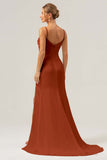 Black Sheath Spaghetti Straps Ruched Long Satin Bridesmaid Dress with Slit