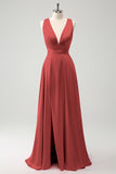 Pink A Line Deep V Neck Backless Long Bridesmaid Dress with Slit