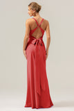 Pink Mermaid Deep V Neck Ruched Long Bridesmaid Dress with Lace Up Back