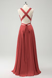 Burgundy A Line Deep V Neck Backless Long Bridesmaid Dress with Slit