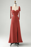 Fuchsia A Line Spaghetti Straps Floor Length Bridesmaid Dress with Slit