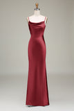 Dusty Blue Sheath Spaghetti Straps Long Satin Bridesmaid Dress
