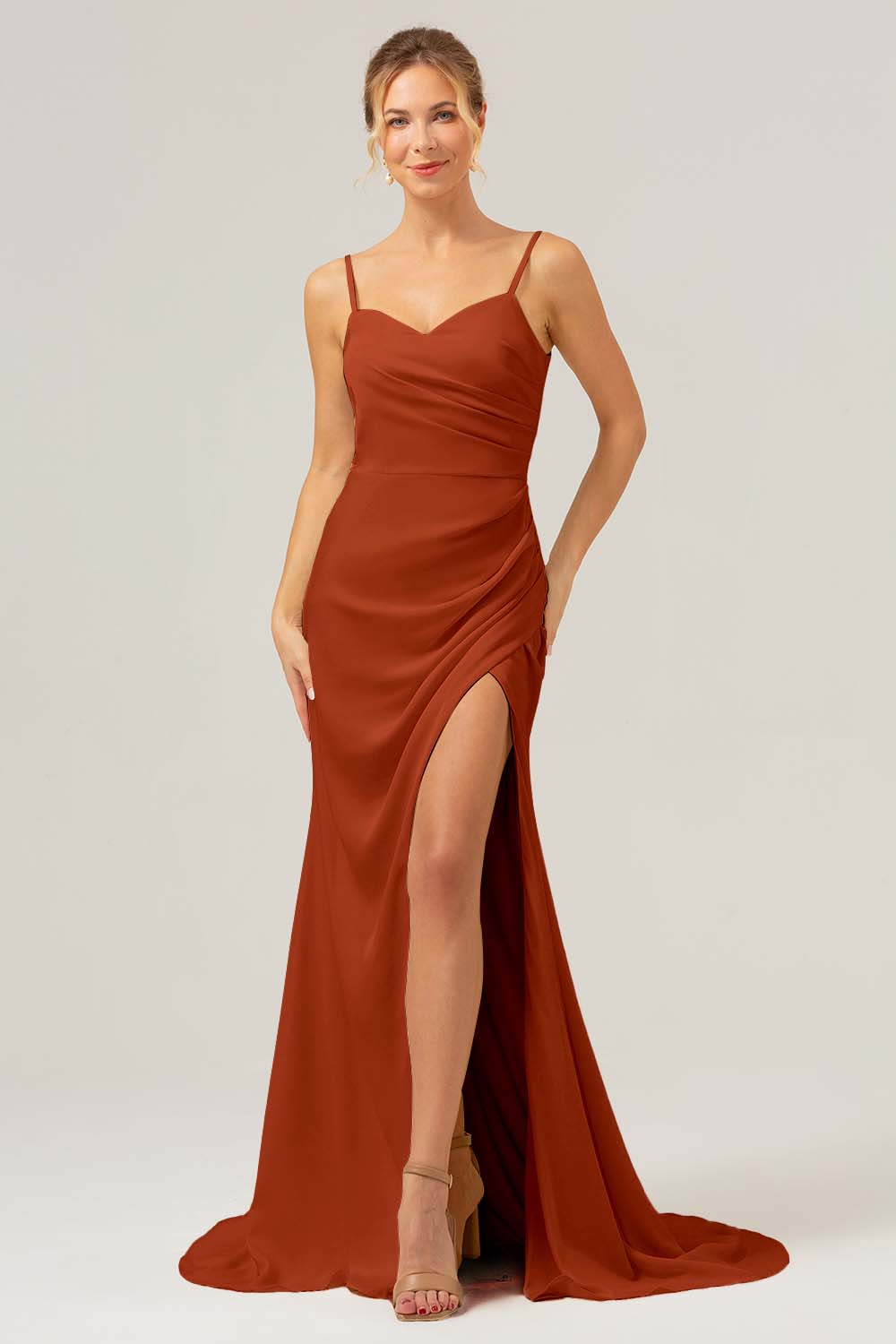 Wedtrend Women Black Bridesmaid Dress with Slit Sheath Spaghetti Straps Ruched Long Satin Formal Dress WEDTREND Wedtrend Women Black Bridesmaid Dress with Slit Sheath Spaghetti Straps Ruched Long Satin Formal Dress WEDTREND