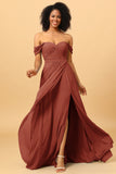 A Line Off the Shoulder Ruched Chiffon Floor-Length Bridesmaid Dress with Slit