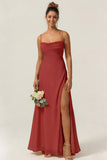 Green Flower A Line Spaghetti Straps Chiffon Long Bridesmaid Dress with Slit