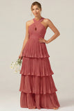 Lilac Halter Keyhole A Line Tiered Ruffle Pleated Bridesmaid Dress