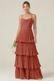 Dusty Sage Cowl Neck A Line Tiered Pleated Long Bridesmaid Dress
