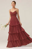 Dark Green A Line Ruched Pleated Spaghetti Straps Tiered Bridesmaid Dress