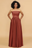 A Line Strapless Satin Floor-Length Bridesmaid Dress with Pockets