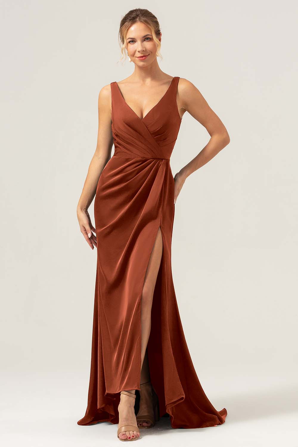 Wedtrend Women Burgundy Bridesmaid Dress with Slit Mermaid V Neck Ruched High-Low Long Satin Wedding G WEDTREND Wedtrend Women Burgundy Bridesmaid Dress with Slit Mermaid V Neck Ruched High-Low Long Satin Wedding G WEDTREND