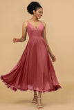 A Line Spaghetti Straps Floor-Length Chiffon Bridesmaid Dress with Ruffles