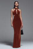 Dark Green Halter Cut Out Mermaid Velvet Formal Dress with Slit