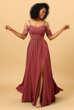 A Line Spaghetti Straps Long Chiffon Bridesmaid Dress With Slit