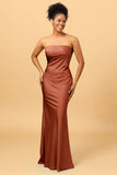 Mermaid Strapless Floor Length Satin Bridesmaid Dress with Open Back