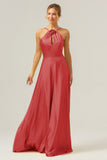 A Line Halter Ruched Satin Open Back Long Bridesmaid Dress with Flower