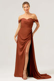 Stylish Dark Green Mermaid Off The Shoulder Pleated Satin Long Bridesmaid Dress with Slit