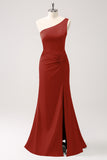 Elegant Mermaid One Shoulder Pleated Backless Bridesmaid Dress with Slit
