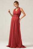 A Line Chiffon Convertible Dusty Blue Long Maternity Bridesmaid Dress