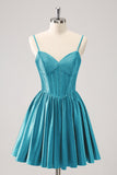 Cute Dark Green A Line Spaghetti Straps Ruffle Corset Short Homecoming Dress with Beading