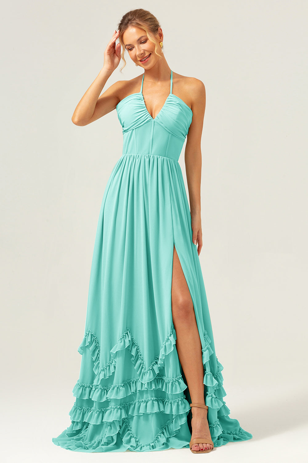 Wedtrend Women A Line Bridesmaid Dress with Slit Halter Lace Up Back Chiffon Long Wedding Guest Dress, Turquoise