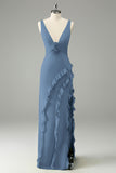 Lime Sheath V Neck Floral Open Back Bridesmaid Dress with Ruffle Slit