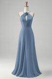 Stylish Yellow A Line Halter Pleated Long Bridesmaid Dress with Flower