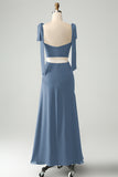 Fuchsia A Line Spaghetti Straps Floor Length Bridesmaid Dress with Slit