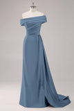 Champagne Mermaid One Shoulder Pleated Long Formal Dress with Side Streamer