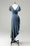 Elegant Dusty Sage A Line V Neck Short Sleeves Asymmetrical Bridesmaid Dress with Ruffles