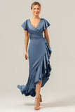 A Line V Neck Asymmetrical Olive Bridesmaid Dress with Ruffle Slit