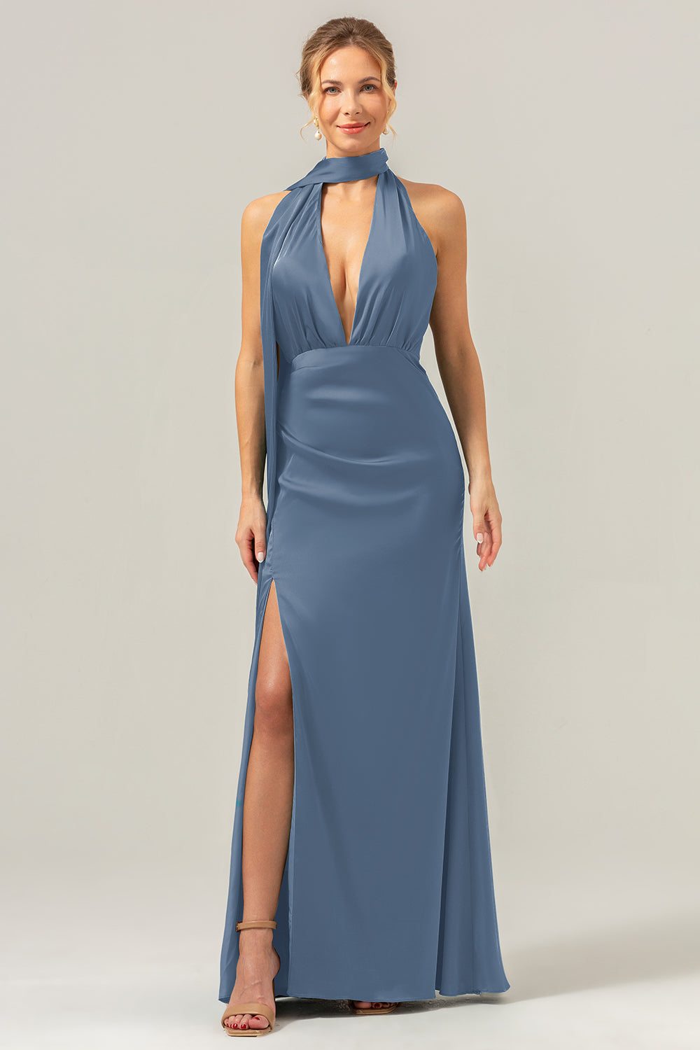 Wedtrend Women Peacock Satin Bridesmaid Dress with Streamer Sheath Deep V Neck Open Back Long Wedding Guest Dress WEDTREND Wedtrend Women Peacock Satin Bridesmaid Dress with Streamer Sheath Deep V Neck Open Back Long Wedding Guest Dress WEDTREND