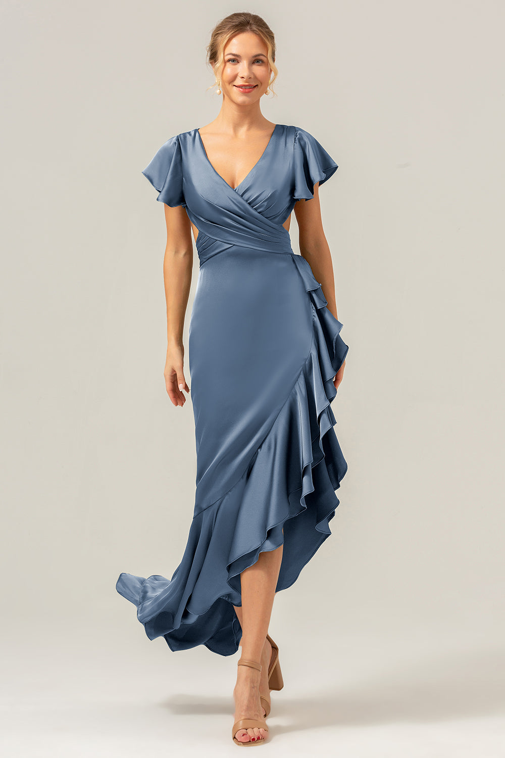 Wedtrend Women Dark Green Bridesmaid Dress with Ruffles A Line Short Sleeves V Neck Asymmetrical Wedding Guest Dress, Twilight / US14
