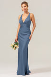 Pink Mermaid Deep V Neck Ruched Long Bridesmaid Dress with Lace Up Back