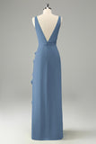 Lime Sheath V Neck Floral Open Back Bridesmaid Dress with Ruffle Slit
