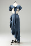 Elegant Dusty Sage A Line V Neck Short Sleeves Asymmetrical Bridesmaid Dress with Ruffles