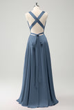 Burgundy A Line Deep V Neck Backless Long Bridesmaid Dress with Slit