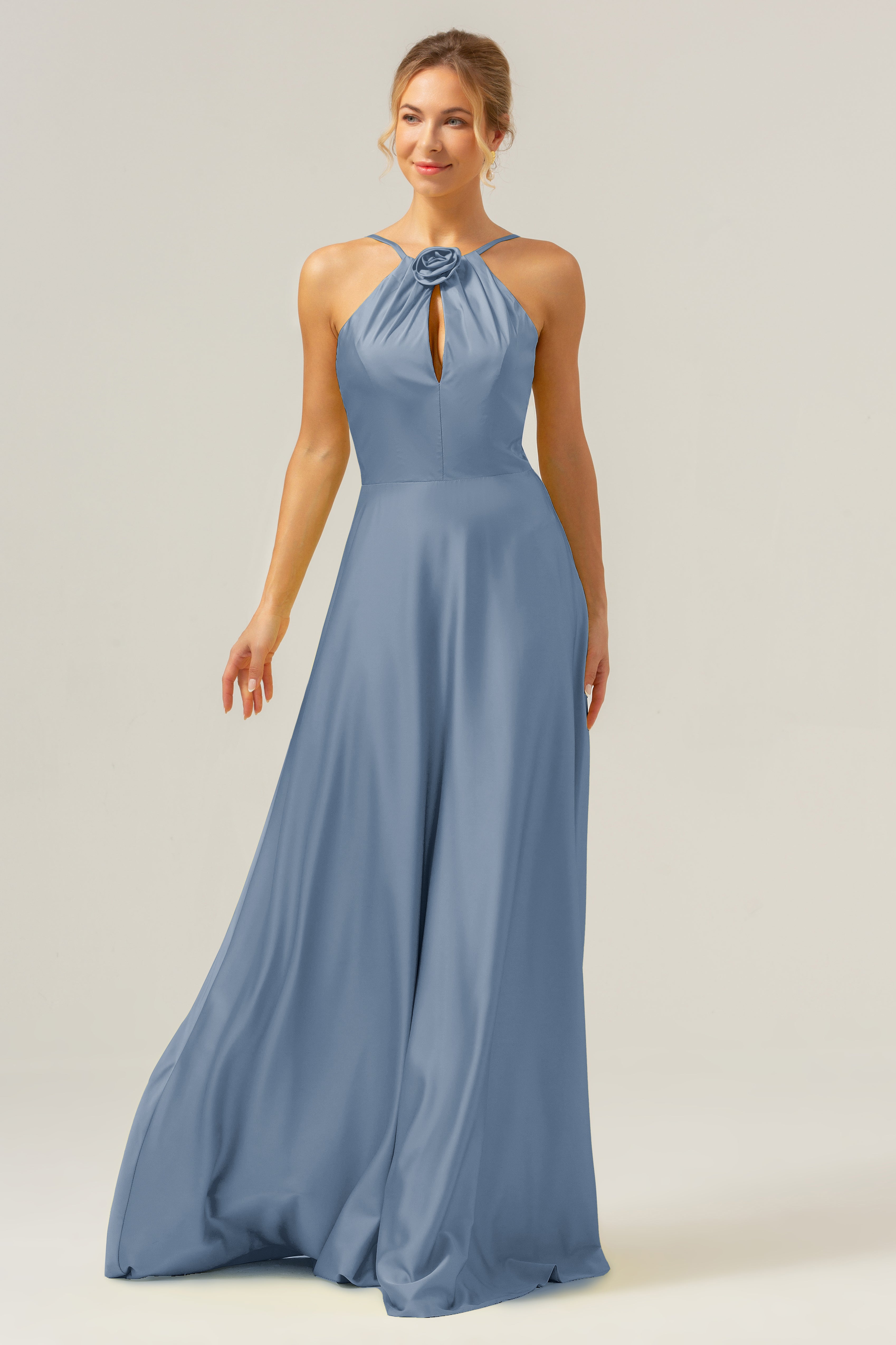 Wedtrend Women Bridesmaid Dress with Flower A Line Halter Ruched Satin Open Back Long Wedding Party Dress WEDTREND Wedtrend Women Bridesmaid Dress with Flower A Line Halter Ruched Satin Open Back Long Wedding Party Dress WEDTREND