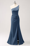 Elegant Mermaid One Shoulder Pleated Backless Bridesmaid Dress with Slit
