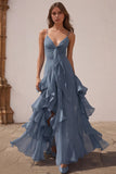 Dusty Blue Spaghetti Straps Chiffon A-Line Ruffled Bridesmaid Dress