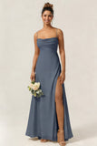 Green Flower A Line Spaghetti Straps Chiffon Long Bridesmaid Dress with Slit