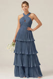 Lilac Halter Keyhole A Line Tiered Ruffle Pleated Bridesmaid Dress