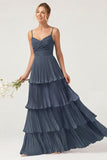 Dark Green A Line Ruched Pleated Spaghetti Straps Tiered Bridesmaid Dress