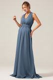 A Line Chiffon Convertible Dusty Blue Long Maternity Bridesmaid Dress