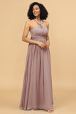 A Line One Shoulder V Neck Halter Neck Floor Length Grey Blue Bridesmaid Dress