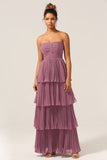 A-Line Sweetheart Floor Length Tiered Chiffon Bridesmaid Dress