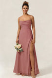 Green Flower A Line Spaghetti Straps Chiffon Long Bridesmaid Dress with Slit