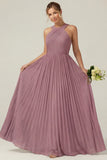 Dusty Sage A Line Halter Pleated Long Bridesmaid Dress
