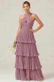 Lilac Halter Keyhole A Line Tiered Ruffle Pleated Bridesmaid Dress