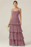 Dusty Sage Cowl Neck A Line Tiered Pleated Long Bridesmaid Dress